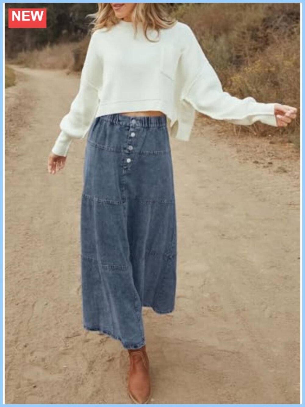 Women's High Waist Denim Maxi Skirt A-Line Tiered Patchwork Western - Picture 2 of 6